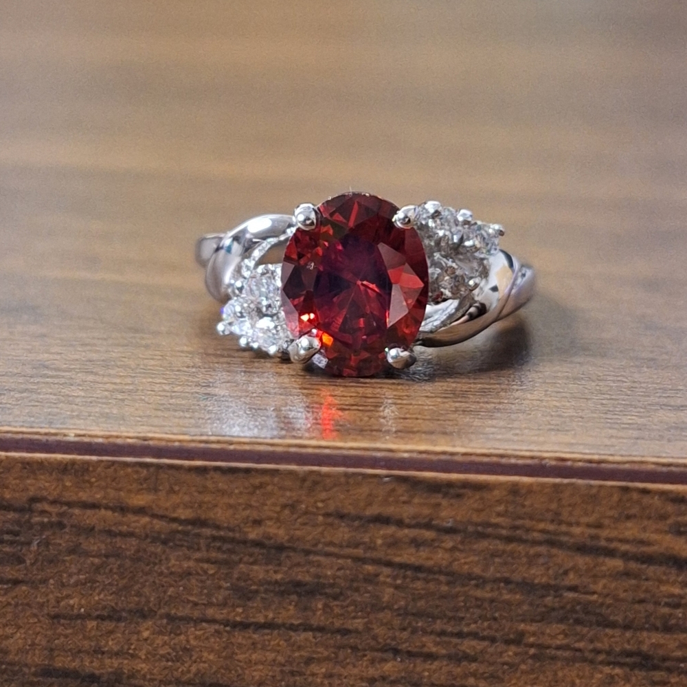 Red Swarovski Crystal Oval Statement Ring Silver Tone